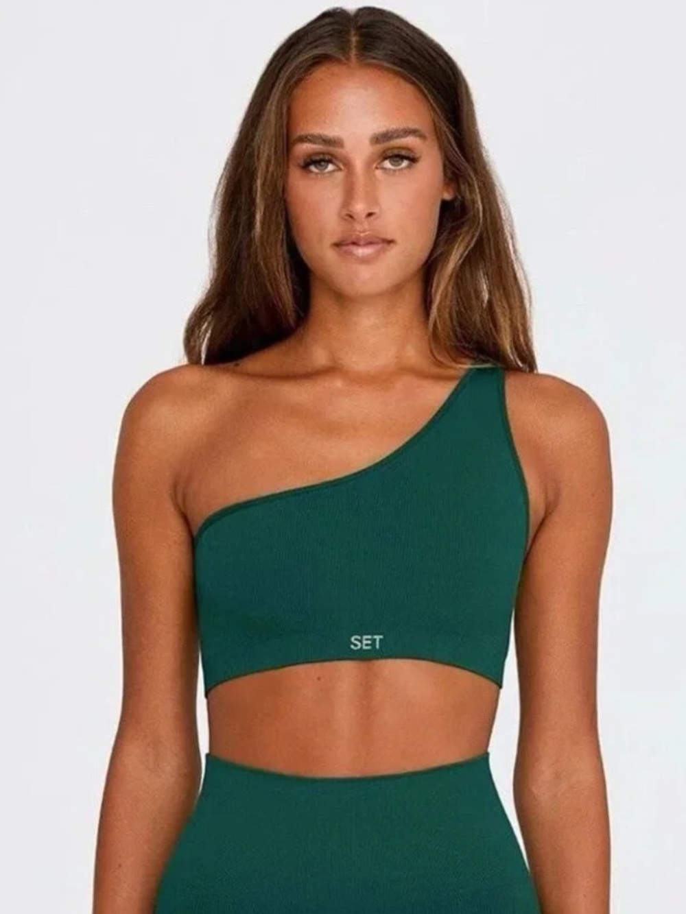SET ACTIVE Sculptflex Ribbed One Shoulder Sports Bra in Mojito Green